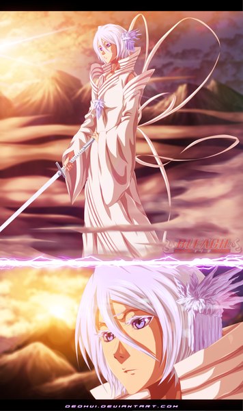Anime picture 1700x2864 with bleach studio pierrot kuchiki rukia deohvi tall image short hair blue eyes sky cloud (clouds) white hair traditional clothes japanese clothes sunlight inscription coloring evening sunset letterboxed smoke mountain
