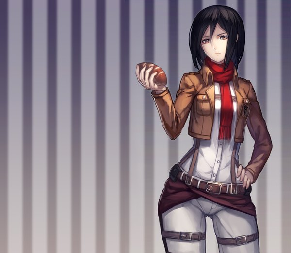 Anime picture 1415x1227 with shingeki no kyojin production i.g mikasa ackerman ryuuzaki ichi single looking at viewer short hair black hair brown eyes open clothes open jacket hand on hip striped striped background girl belt scarf thigh strap red scarf bread