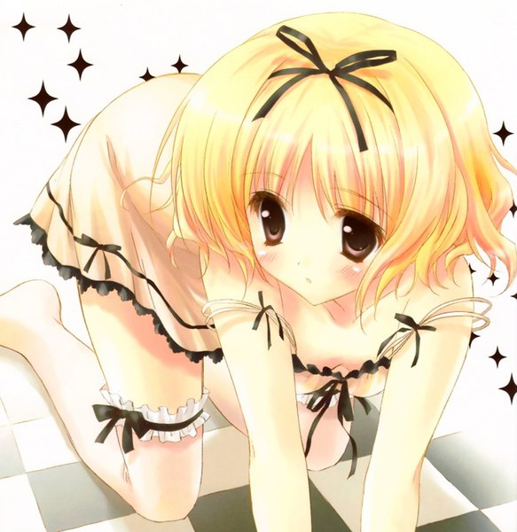Anime picture 976x1004 with original ryohka single tall image blush short hair light erotic blonde hair brown eyes looking away parted lips :o sparkle strap slip on all fours checkered floor floor girl thighhighs ribbon (ribbons)
