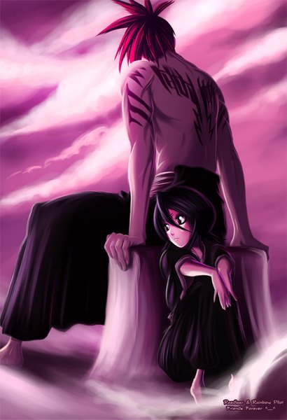 Anime picture 1024x1497 with bleach studio pierrot kuchiki rukia abarai renji reedleer tall image short hair black hair sitting red hair japanese clothes black eyes tattoo coloring muscle girl boy kimono