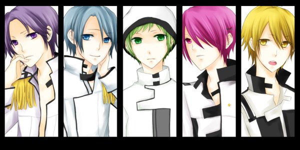 Anime picture 1500x750 with nico nico douga pointfive(.5) asamaru (pointfive) mi-chan (pointfive) clear (pointfive) dasoku (pointfive) amu (pointfive) koori (artist) fringe short hair open mouth blue eyes blonde hair smile wide image purple eyes green eyes yellow eyes blue hair pink hair