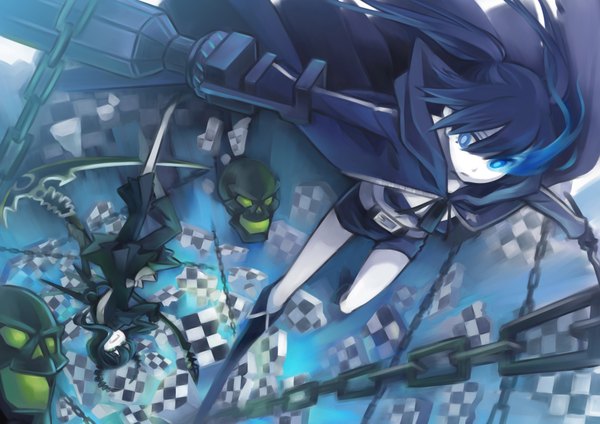 Anime picture 3508x2481 with black rock shooter black rock shooter (character) dead master minoa (lastswallow) long hair highres blue eyes black hair twintails multiple girls absurdres horn (horns) glowing glowing eye (eyes) checkered girl weapon 2 girls shorts thigh boots
