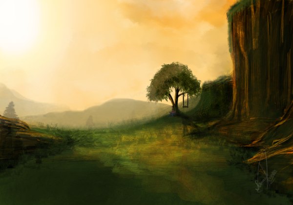 Anime picture 1280x898 with original xpsam (artist) landscape plant (plants) tree (trees) swing