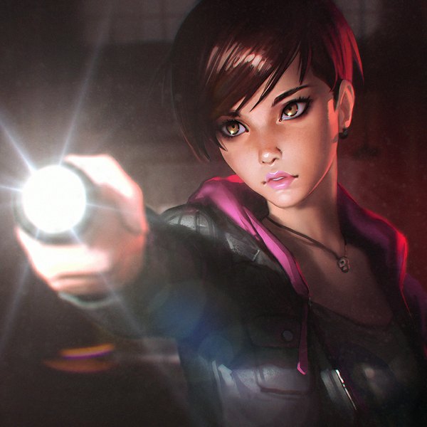 Anime picture 900x900 with resident evil moira burton ilya kuvshinov single fringe short hair brown hair holding brown eyes parted lips open clothes open jacket lipstick outstretched arm light close-up pink lipstick girl earrings jacket