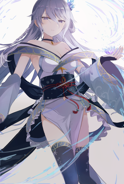 Anime picture 650x961 with shironeko project mafuyu (shironeko project) huuyu single long hair tall image looking at viewer fringe hair between eyes purple eyes bare shoulders cleavage silver hair from below outstretched arm magic side slit girl thighhighs black thighhighs