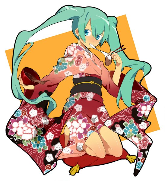 Anime picture 1000x1095 with vocaloid hatsune miku sama (artist) single long hair tall image blush sitting twintails holding traditional clothes japanese clothes barefoot aqua eyes green hair mouth hold floral print eating girl food