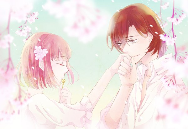 Anime picture 1200x826 with uta no prince-sama a-1 pictures nanami haruka (uta no prince-sama) kotobuki reiji imari (clematis) short hair brown hair pink hair eyes closed profile hair flower light smile wind grey eyes couple cherry blossoms holding hands face to face partially open clothes almost kiss