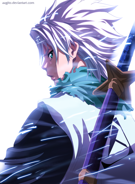 Anime picture 900x1226 with bleach studio pierrot hitsugaya toushirou aagito single tall image short hair simple background white background white hair traditional clothes japanese clothes profile looking back aqua eyes coloring weapon sword kimono scarf