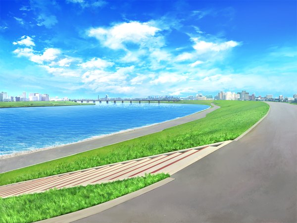 Anime picture 1024x768 with lovely x cation 2 hibiki works game cg sky cloud (clouds) no people landscape river plant (plants) grass bridge road