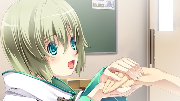 Anime picture 1024x576 with legend seven (game) blush short hair open mouth blonde hair wide image green eyes game cg girl
