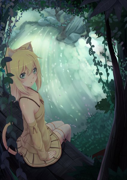 Anime picture 900x1272 with original sonikey0 0 single long hair tall image blush blue eyes blonde hair sitting animal ears tail animal tail looking back cat ears cat girl cat tail girl thighhighs dress plant (plants)