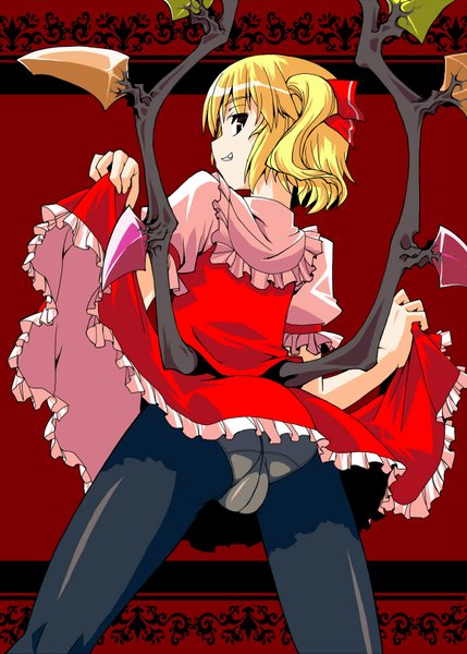 Anime picture 1200x1679 with touhou flandre scarlet ryoutya (artist) single tall image short hair light erotic blonde hair red eyes looking back one side up cameltoe dress lift girl dress underwear panties pantyhose wings