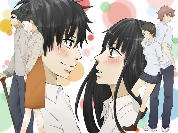 Anime picture 1600x1200 with kimi ni todoke toki wo kakeru shoujo gegege no nyobo production i.g madhouse kuronuma sawako kazehaya shouta konno makoto mamiya chiaki buchi (artist) long hair blush short hair black hair multiple girls brown eyes eyes closed looking back multiple boys couple