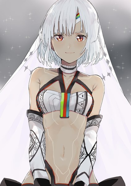 Anime picture 1000x1414 with fate (series) fate/grand order fate/extra fate/extella altera (fate) pinch (nesume) single tall image looking at viewer fringe short hair simple background smile red eyes bare shoulders upper body white hair light smile grey background bare belly