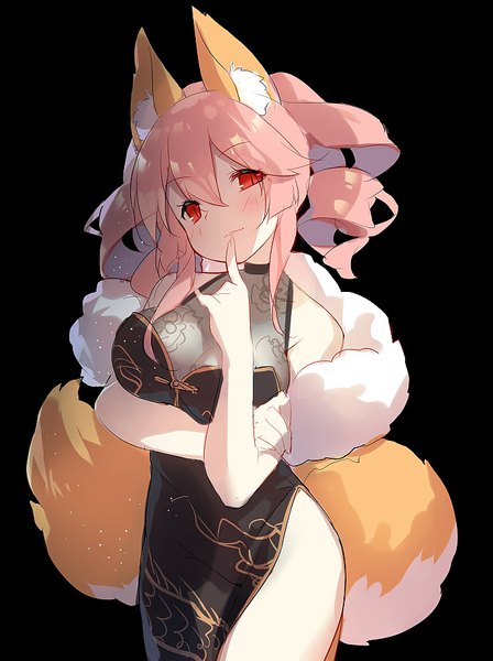 Anime picture 690x924 with fate (series) fate/extra tamamo (fate) (all) tamamo no mae (fate) saru (longbb) single long hair tall image looking at viewer blush fringe breasts light erotic simple background smile hair between eyes red eyes large breasts standing twintails