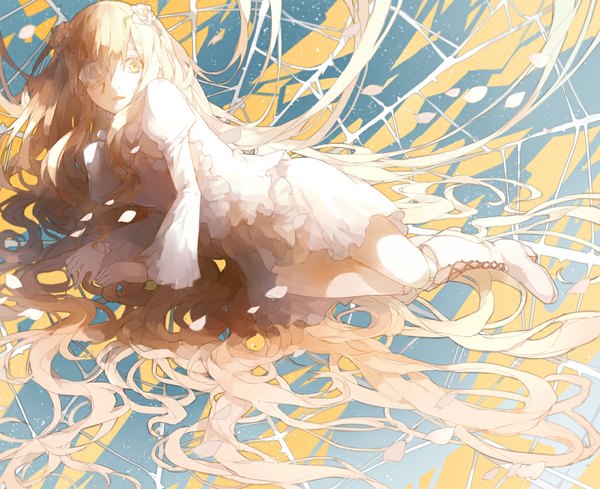 Anime picture 1116x911 with rozen maiden kirakishou nine (liuyuhao1992) single blush open mouth blonde hair yellow eyes very long hair hair flower on side surprised flower over eye girl dress hair ornament flower (flowers) petals boots white dress