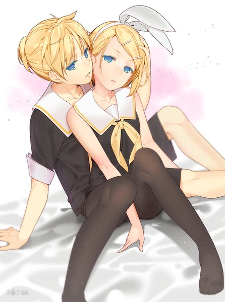 Anime picture 818x1100 with vocaloid kagamine rin kagamine len ama mitsuki tall image looking at viewer short hair blue eyes blonde hair sitting ponytail barefoot no shoes siblings hand on another's head incest twincest girl boy uniform