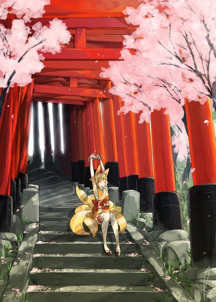 Anime picture 1296x1812 with original kyo (kuroichigo) single tall image short hair blonde hair sitting animal ears traditional clothes japanese clothes fox ears cherry blossoms fox tail multiple tails stretch girl plant (plants) tree (trees) bell bandage (bandages)