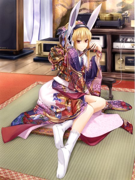 Anime picture 2118x2827 with original tomo machinemess single long hair tall image looking at viewer highres blonde hair smile red eyes sitting traditional clothes japanese clothes bunny ears girl socks kimono headphones white socks fan