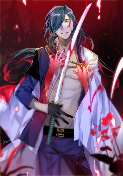 Anime picture 700x1000 with touken ranbu nitroplus namazuo toushirou nikkari aoe iyutani single long hair tall image looking at viewer fringe standing yellow eyes fingernails light smile hair over one eye aqua hair open shirt hug dark background red background