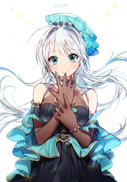 Anime picture 700x1000 with original sorolp single long hair tall image looking at viewer blush fringe breasts simple background smile large breasts white background bare shoulders signed ahoge upper body white hair aqua eyes floating hair