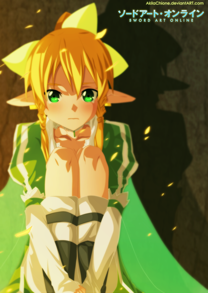 Anime picture 900x1268 with sword art online a-1 pictures leafa akilachione single long hair tall image blonde hair green eyes braid (braids) pointy ears inscription shadow twin braids coloring sad girl bow hair bow thigh boots