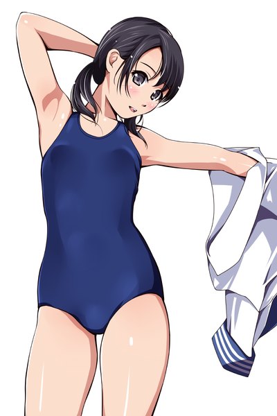 Anime picture 800x1200 with original matsunaga kouyou single tall image blush short hair open mouth light erotic black hair simple background white background twintails black eyes short twintails girl swimsuit one-piece swimsuit school swimsuit