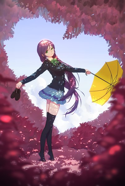 Anime picture 1500x2223 with love live! school idol project sunrise (studio) love live! toujou nozomi maredoro single long hair tall image holding green eyes purple hair no shoes shoes removed girl thighhighs skirt uniform black thighhighs school uniform petals