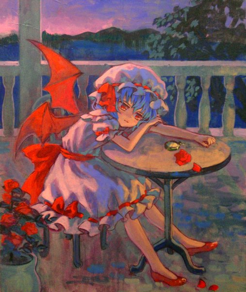Anime picture 1216x1440 with touhou remilia scarlet ama-tou single tall image blush short hair red eyes sitting blue hair evening mountain bat wings sad traditional media girl dress flower (flowers) petals wings