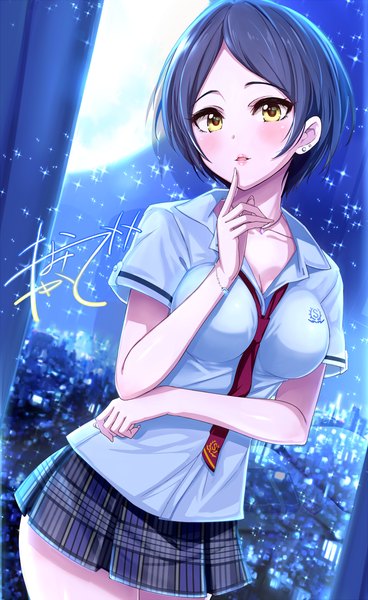 Anime-Bild 700x1139 mit idolmaster idolmaster cinderella girls hayami kanade jewel (the black canvas) single tall image looking at viewer blush short hair breasts black hair signed yellow eyes cleavage indoors parted lips pleated skirt fingernails blurry sparkle