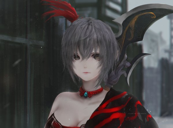 Anime picture 4089x3045 with shin sangoku musou lu lingqi aoi ogata single looking at viewer fringe highres short hair breasts hair between eyes large breasts signed absurdres outdoors grey hair blurry grey eyes depth of field girl hair ornament