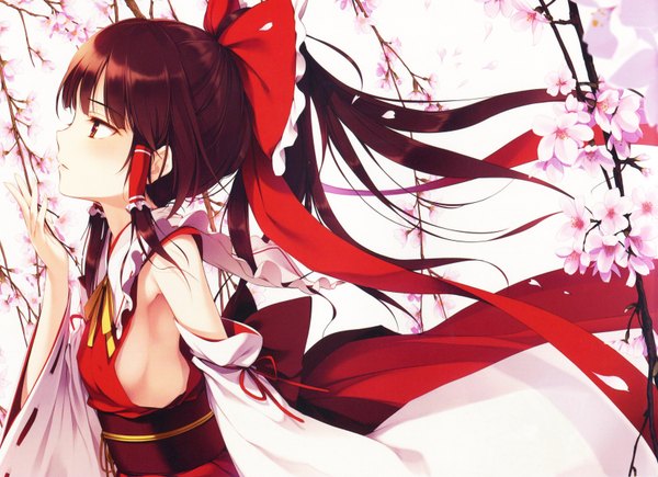 Anime picture 3306x2400 with touhou hakurei reimu ke-ta single long hair blush highres breasts light erotic black hair looking away absurdres ponytail profile black eyes scan sideboob cherry blossoms girl ribbon (ribbons)