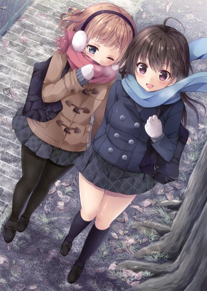 Anime picture 2485x3500 with original sakurai makoto (custom size) long hair tall image blush highres short hair blue eyes black hair brown hair purple eyes multiple girls one eye closed scan official art girl skirt 2 girls miniskirt pantyhose