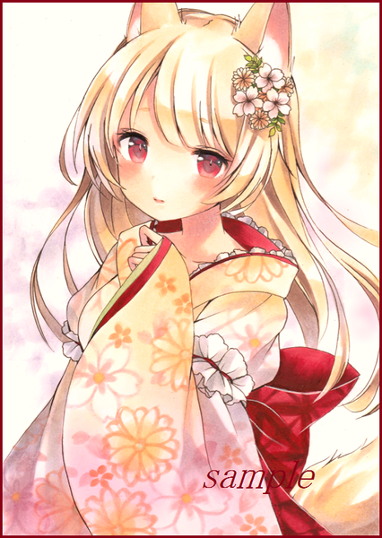 Anime picture 609x857 with original potto single long hair tall image looking at viewer blush blonde hair red eyes animal ears upper body tail long sleeves parted lips animal tail hair flower light smile wide sleeves fox ears text