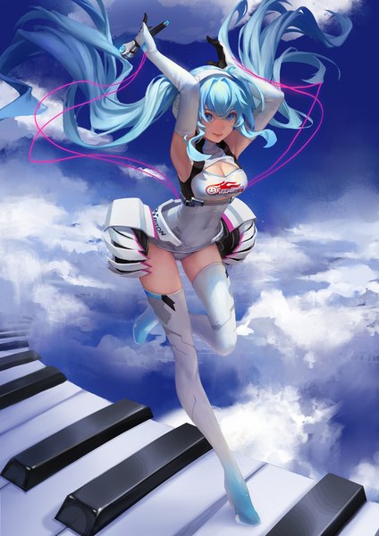 Anime picture 1414x2000 with vocaloid goodsmile racing goodsmile company hatsune miku racing miku racing miku (2014) kkcaty single tall image looking at viewer fringe breasts blue eyes light erotic smile hair between eyes standing twintails holding payot