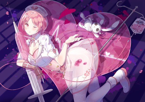Anime picture 1200x848 with miracle nikki domotolain single looking at viewer blush fringe short hair breasts large breasts holding looking away pink hair bent knee (knees) nail polish one eye closed pink eyes wink sparkle nurse blown kiss