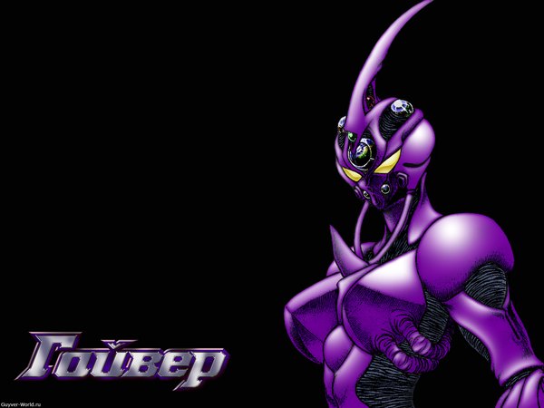 Anime picture 1600x1200 with guyver single yellow eyes horn (horns) black background armor