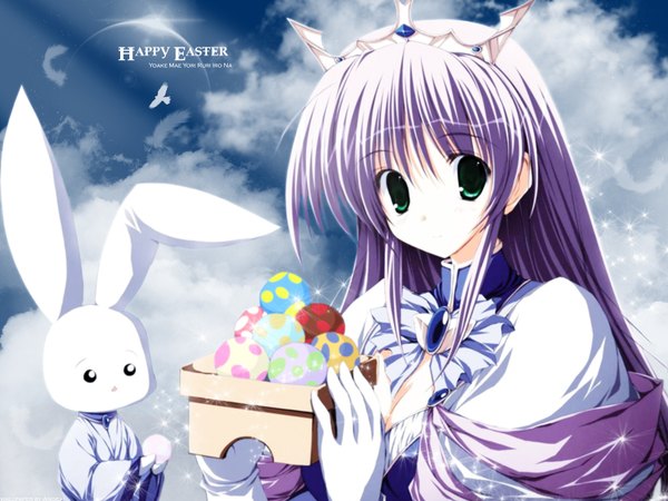Anime picture 1600x1200 with yoake mae yori ruri iro na august soft feena fam earthlight tsukinon single long hair looking at viewer green eyes purple hair copyright name third-party edit easter girl gloves white gloves bunny wagashi egg mochi easter egg