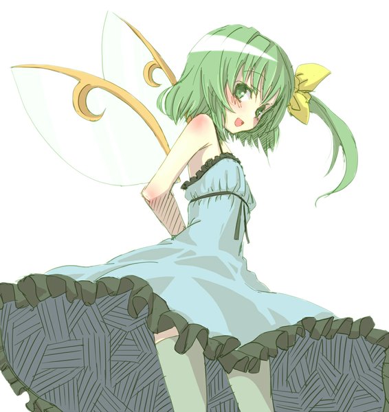 Anime picture 1024x1087 with touhou daiyousei kuroneko nero single tall image looking at viewer blush short hair open mouth simple background white background green eyes green hair alternate costume one side up hands behind back girl thighhighs dress bow