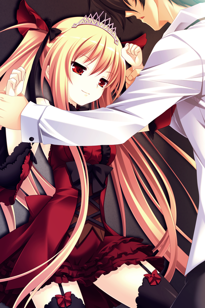 Anime picture 1600x2399 with bloody rondo (game) luna freed queen makita maki long hair tall image blonde hair red eyes twintails game cg loli girl thighhighs dress boy ribbon (ribbons) black thighhighs tiara