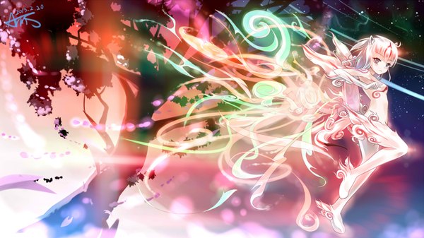 Anime picture 1600x900 with okami amaterasu (okami) arms ai single long hair looking at viewer blush light erotic wide image animal ears white hair tail pink eyes nude facial mark wolf tail frown goddess girl plant (plants)
