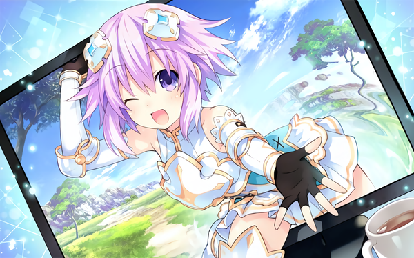 Anime picture 3200x1996 with choujigen game neptune neptune (choujigen game neptune) tsunako single looking at viewer fringe highres short hair open mouth smile hair between eyes wide image purple eyes sky purple hair :d one eye closed wink sparkle mountain