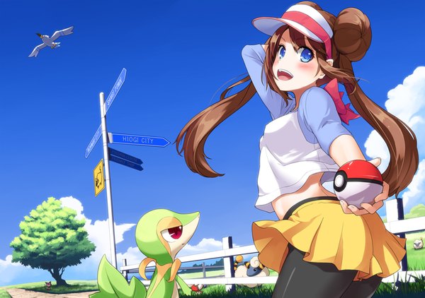 Anime picture 810x570 with pokemon pokemon black and white nintendo rosa (pokemon) snivy kurenai hanpen long hair looking at viewer blush open mouth blue eyes smile hair between eyes brown hair purple eyes twintails holding sky cloud (clouds) inscription