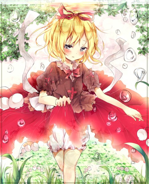 Anime picture 1100x1358 with touhou medicine melancholy misa (kaeruhitode) single tall image looking at viewer blush fringe short hair open mouth blue eyes light erotic blonde hair girl dress flower (flowers) ribbon (ribbons) hair ribbon leaf (leaves) bubble (bubbles)
