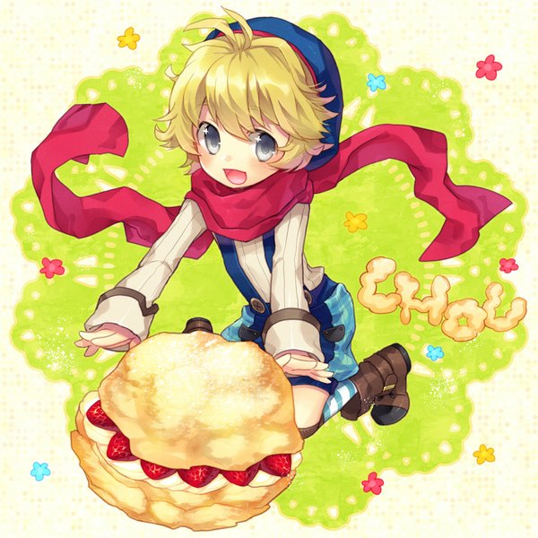 Anime picture 1000x1000 with renta (deja-vu) single short hair open mouth blonde hair sitting grey eyes socks food sweets scarf beret berry (berries) child (children) red scarf strawberry striped socks