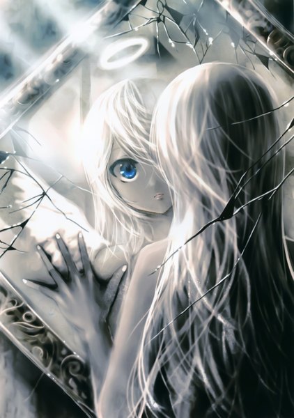 Anime picture 4221x6000 with original kei (keigarou) single long hair tall image highres blue eyes blonde hair bare shoulders absurdres fingernails sunlight back reflection angel wings framed girl wings halo mirror