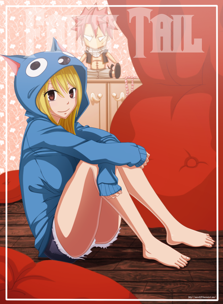 Anime picture 982x1338 with fairy tail lucy heartfilia natsu dragneel enara123 single long hair tall image short hair blonde hair smile sitting brown eyes pink hair barefoot inscription bare legs legs coloring scar framed