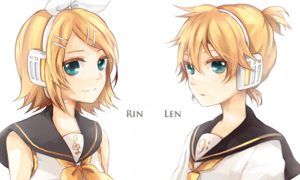 Anime picture 1200x720 with vocaloid kagamine rin kagamine len tama (songe) short hair blonde hair smile wide image white background aqua eyes twins girl boy hair ornament bow hair bow headphones bobby pin sailor suit