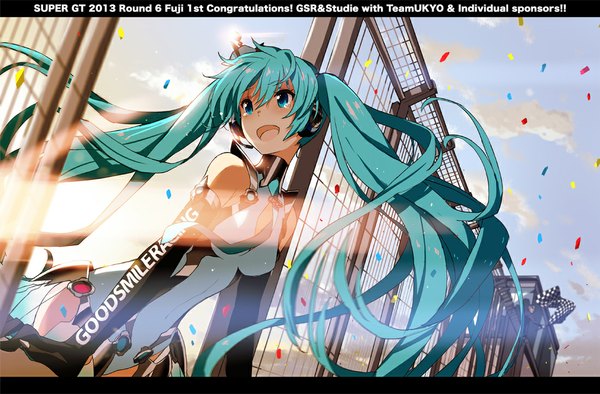 Anime picture 1102x724 with vocaloid goodsmile racing hatsune miku racing miku racing miku (2013) saitom open mouth twintails bare shoulders sky cloud (clouds) very long hair aqua eyes sunlight aqua hair tears girl gloves necktie elbow gloves