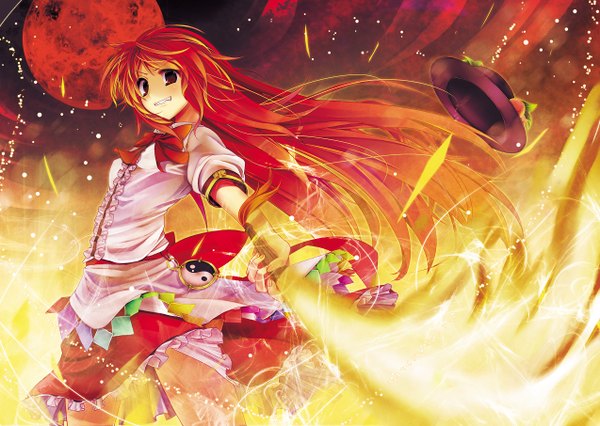 Anime picture 1274x906 with touhou hinanawi tenshi long hair red eyes red hair red moon girl hat sword fire planet